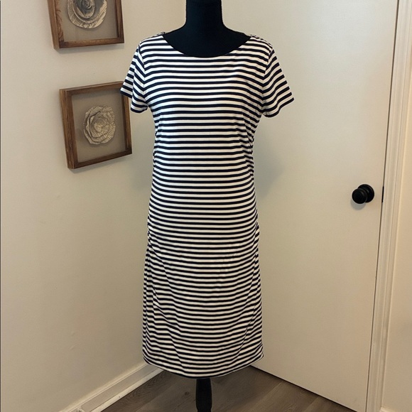 Boden Ruched Detail Striped Blue White Nautical Shirt Sleeve Dress Size 12 - Picture 3 of 7